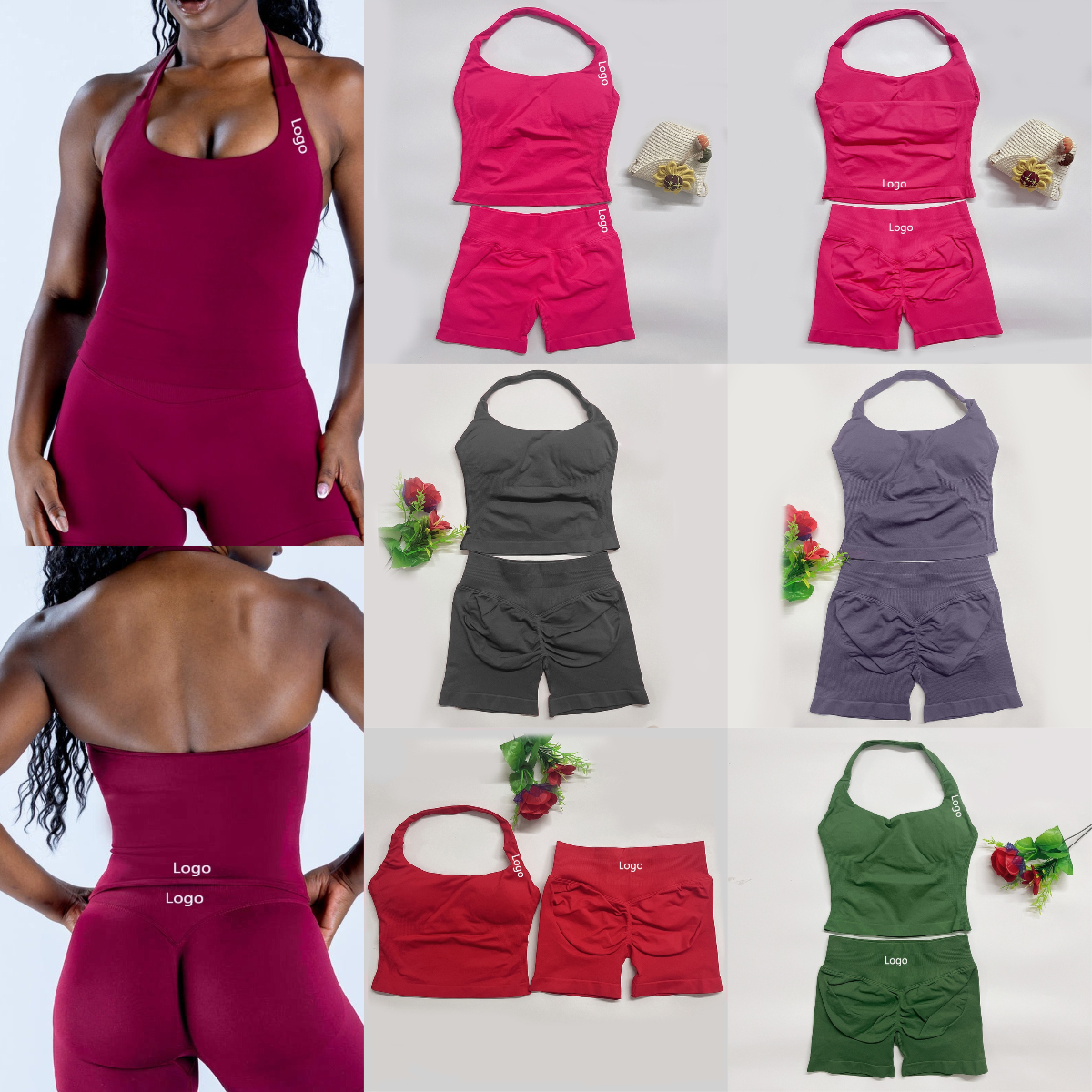 woman two pieces Dyfne DF Yoga Sports Dfyn Impact yoga outfit Set Women Backless Halter Tops Seamless Scrunch Bum Shorts Gym Workout Sports Suits sportswear