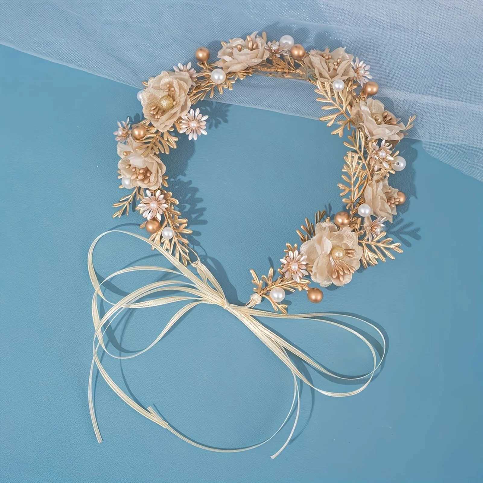 Bride Wedding Flower Crown Gold Color Leaf Headbands Pearls Floral Hairbands Ribbon Headwear Bridal Hair Jewelry cessories L250928UPNQ