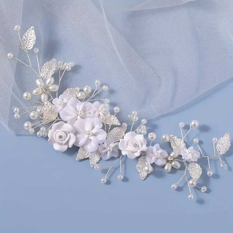 1 piece of white soft pottery flower bridal hair cessory gold silver alloy leaf bridal handmade headpiece L2509288WLF