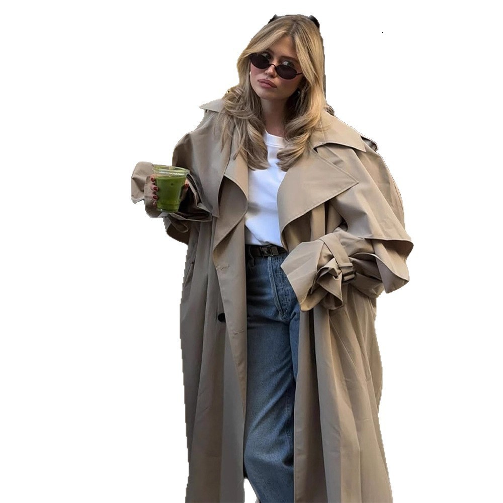Fashionable Elegant Solid Color Shawl Sleeve Long Trench Coat for Women Autumn Style 250929
