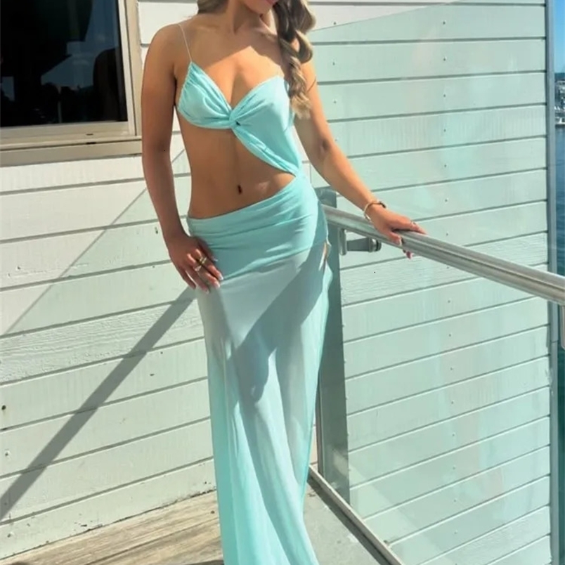 Mesh Halter Beach Dress Split Hollow Out Bikini Solid Color High Waisted Long Slip Dresses Sexy Suspender Robes Womens Clothing 250312