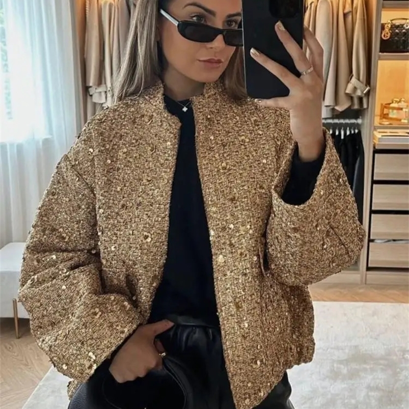 Metal Color Sequin Woven Jacket For Women Loose Stand Collar Long Sleeve Coat Gold Autumn Winter Chic Female Outwear 240110