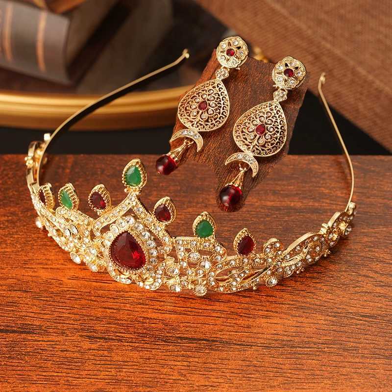 Arabian Women Wedding Gifts Water Drops Green Red Crystal Hair Jewelry Bridal Crown Morocco Fashion Gold Color Bridal Tiara L250928A2KD