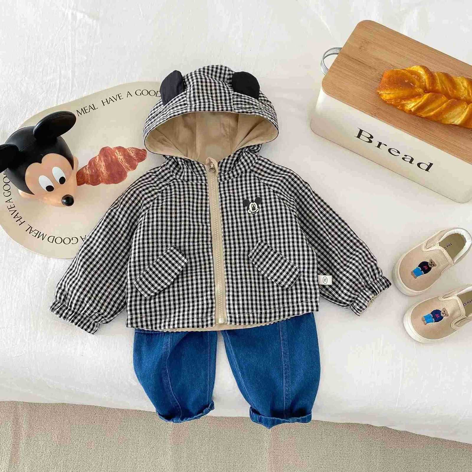 Disney Baby Girl Boy Mickey Mouse Double Sided Jacket 2025Spring Autumn Toddler Kid Cartoon Hooded Plaid Coat Children Casual Outerwear H250929