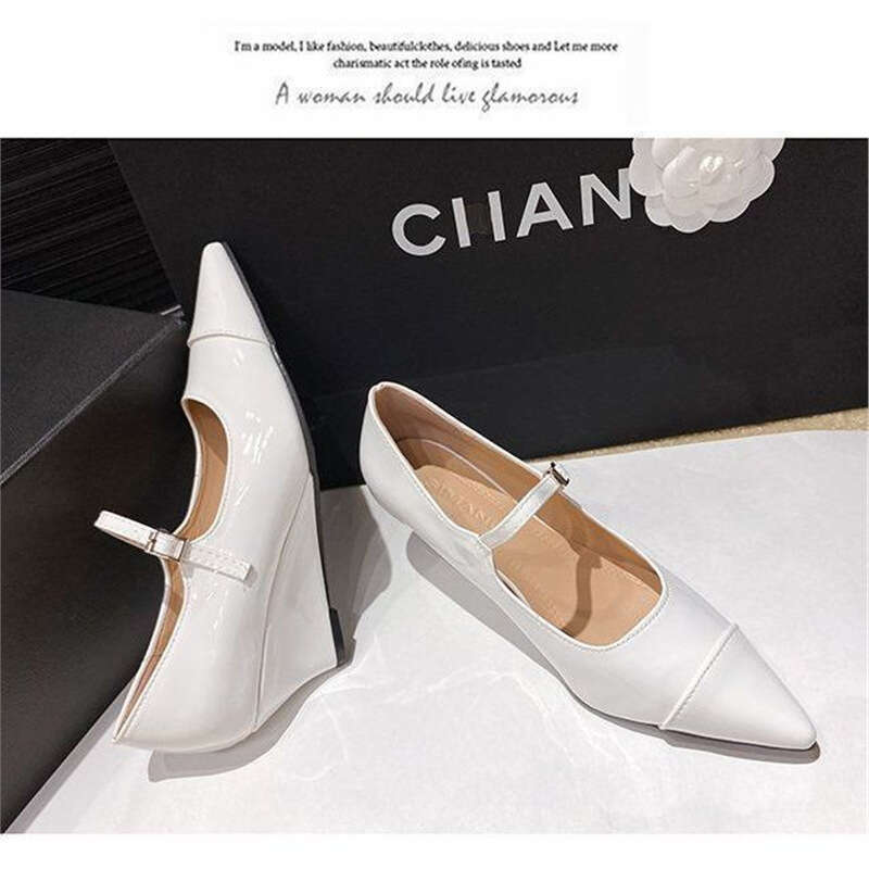 Pointed Toe Wedge One Strap Mary Jane Autumn Winter New Full Leather Solid Color High heel Shallow Mouth Designer Shoe Single Shoes for Women