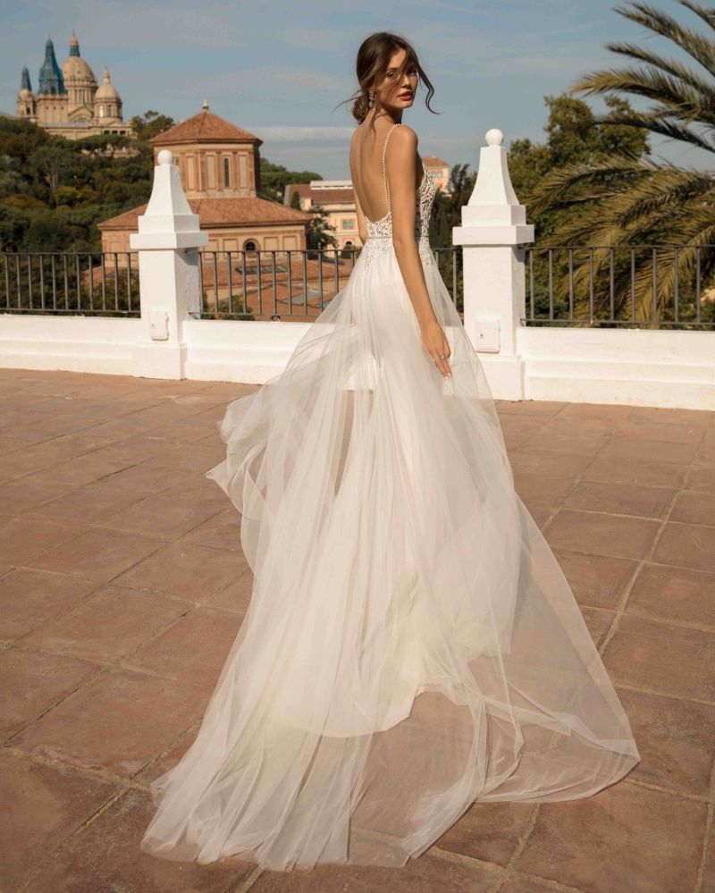 Classy Berta Mermaid Backless Wedding Dresses Spaghetti Straps Beaded Plus Size Lace Bridal Gowns Tulle Trumpet Overskirt Vestido De Novia 9P29