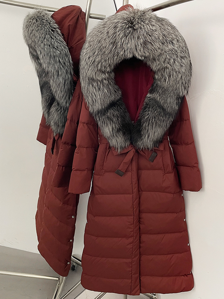 25 cross-border designer's new fox fur collar hooded down jacket for women, long style with tie up waist, slimming down puffer jacket women doudo