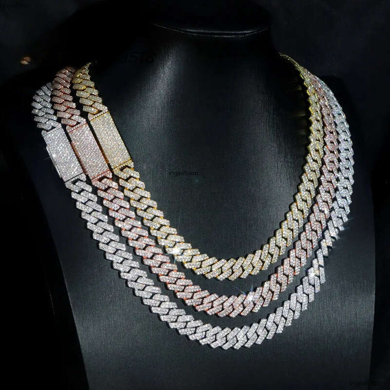 2025 Unisex Hip Hop Chain Necklace Real Pure Sier Rhodium 8mm 10mm 12mm Moissanite Dia Rose Gold Cuban Link