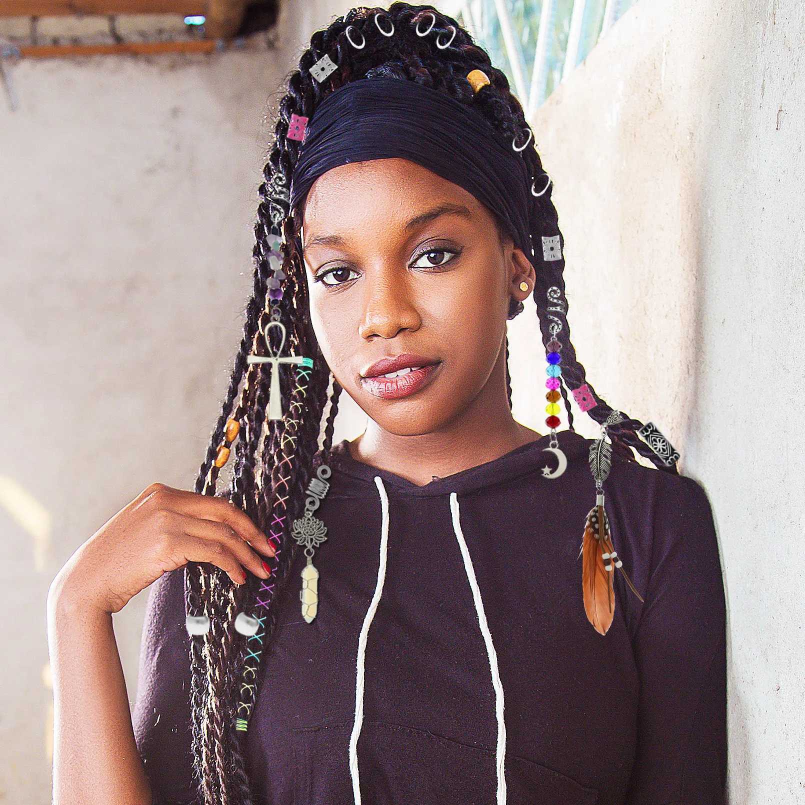 Stone Beads Crystal Feather Cross Pendant Hair Dreadlock cessories Women Spiral Hairpin Headwear Dangle Dirty Braid Jewelry L25092812AS