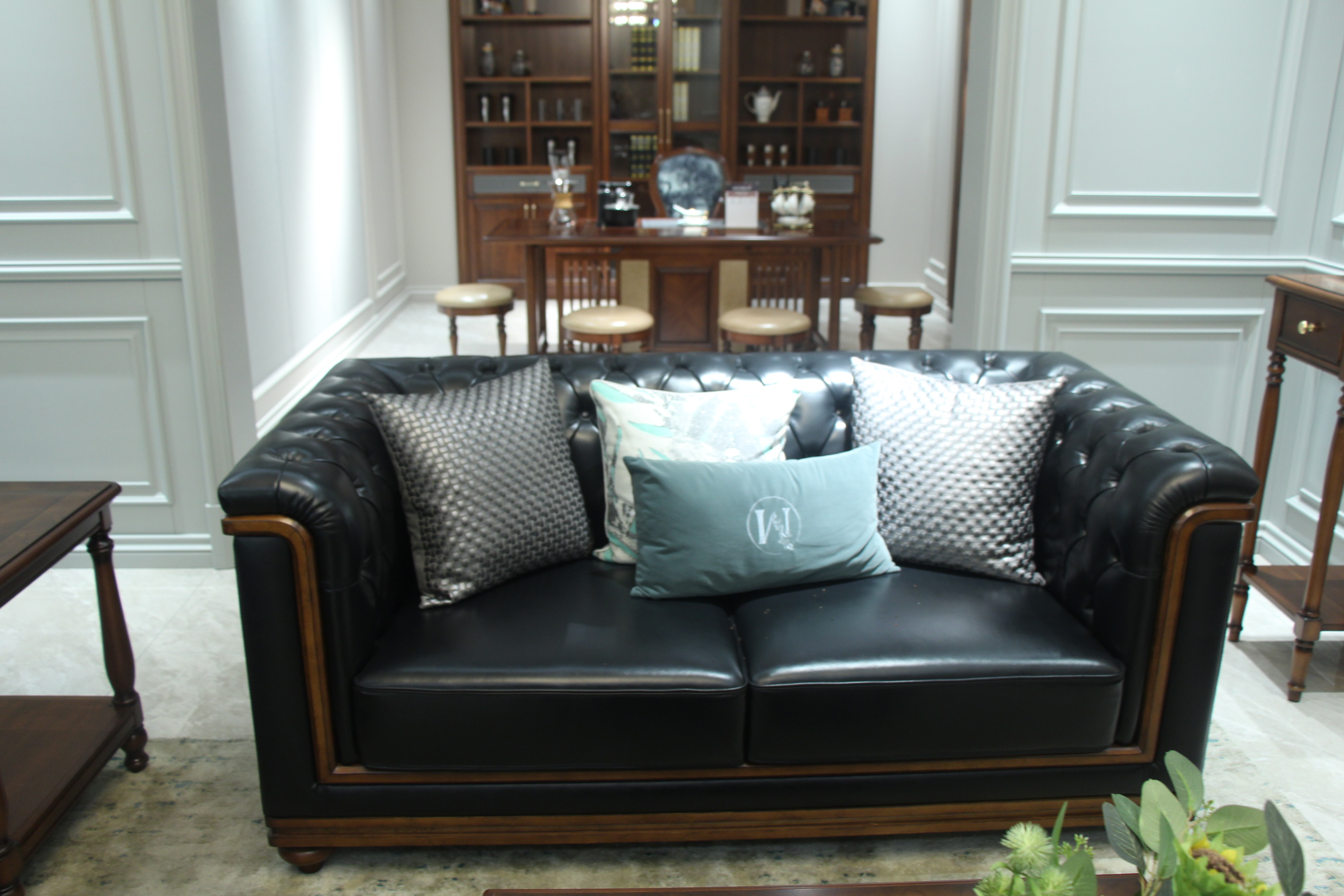 Zhongzhixin Designer 3-Seater Solid Wood Frame Leather Sofa Set, Luxury Genuine Leather, American Style - Coffee Table for Living Room, Black