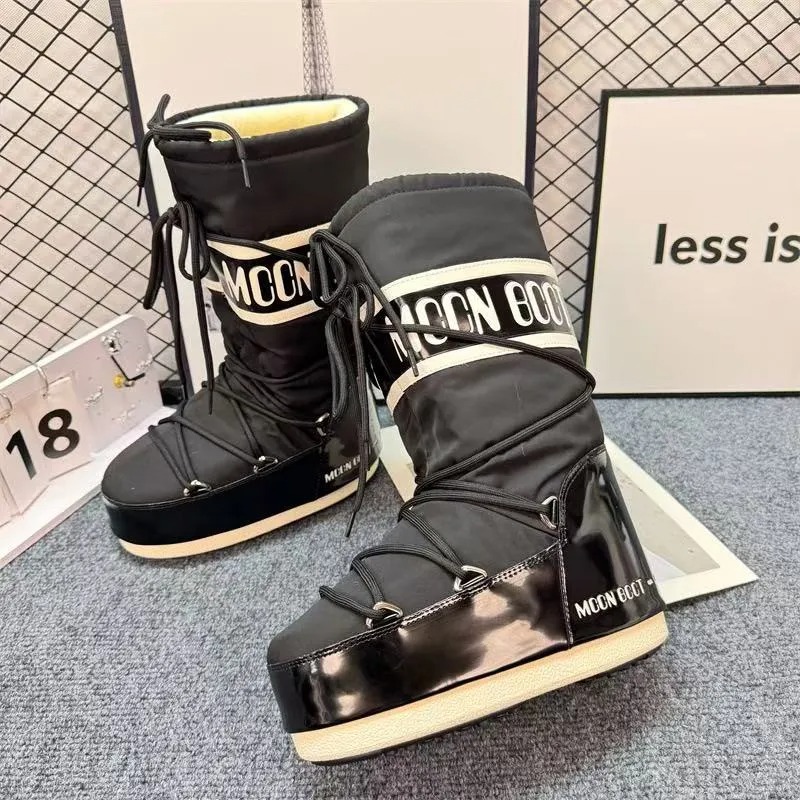 Fashion Moon Snow Boots New 2025 Winter Medium and High Tube Lace-up Cotton Shoes Non-slip Warm Ski Shoes