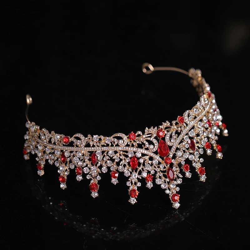 New Golden Bride Crown Princess Headwear Birthday Red Rhinestone Headband Wedding Hair Jewelry Bridal Tiaras Vintage Headpiece L250928I168