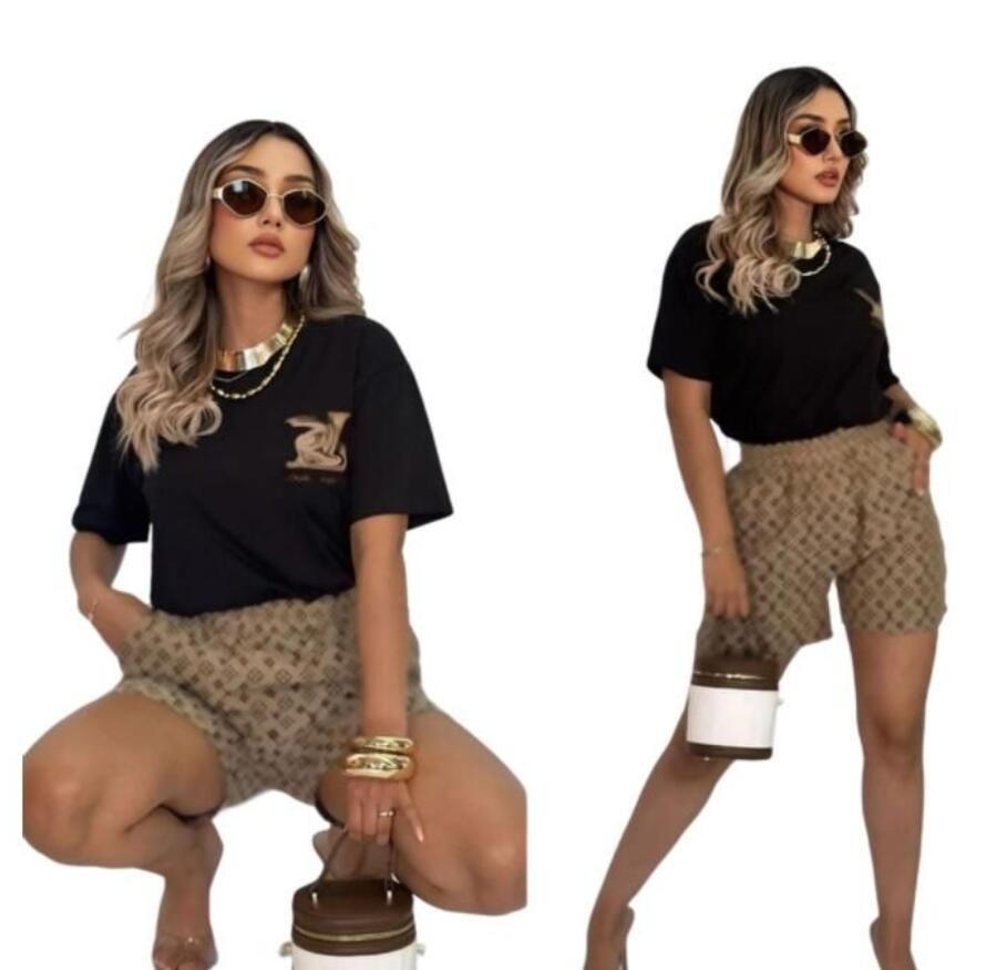 Women's Tracksuits New Outdoor Fashion Printing cotton Women Short Sleeve Jogger Shorts Two Piece sets Womens gird Sportswear