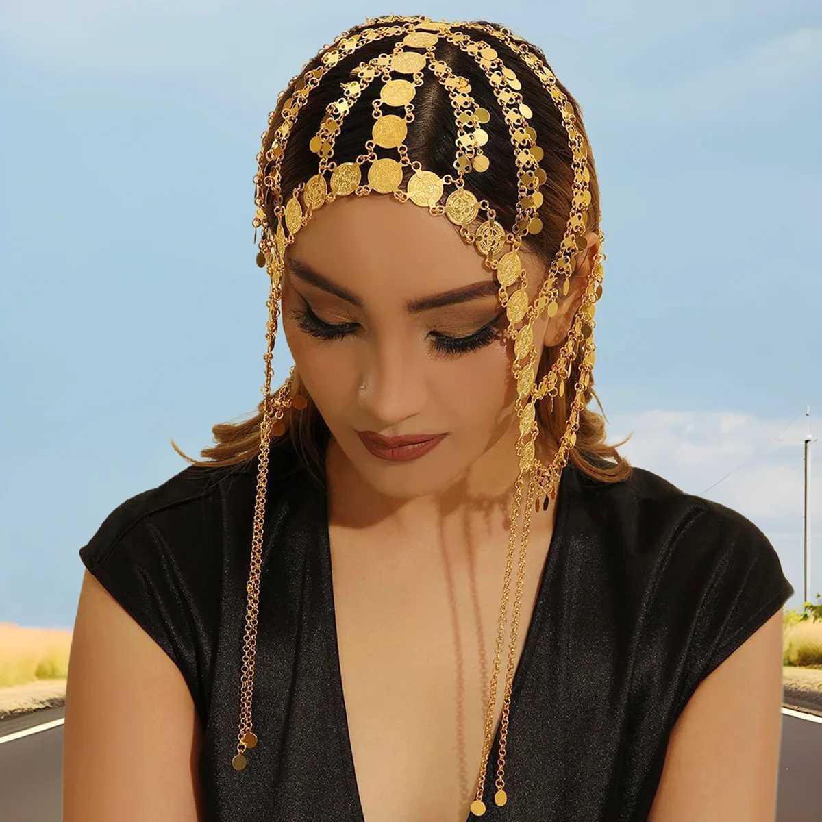 Arab Head Jewelry Golded Alloy Coin Tassel Head Chain Headband For Women Bridal Headdress Wedding cessories L25092880QT