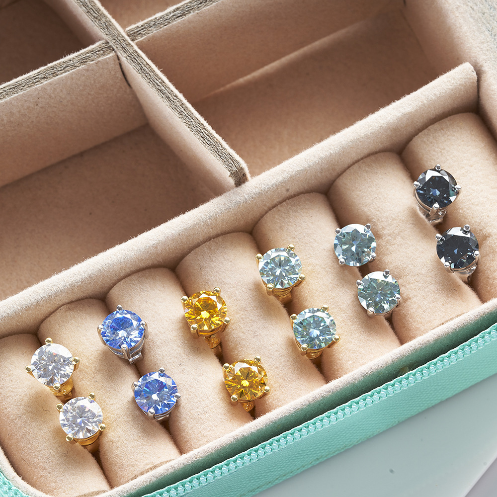 Hot stud moissanite earrings for women S925 Sterling Silver Earrings for Women Four-Prong Studs 1 CT Sapphire Blue Pink Yellow Moissanite