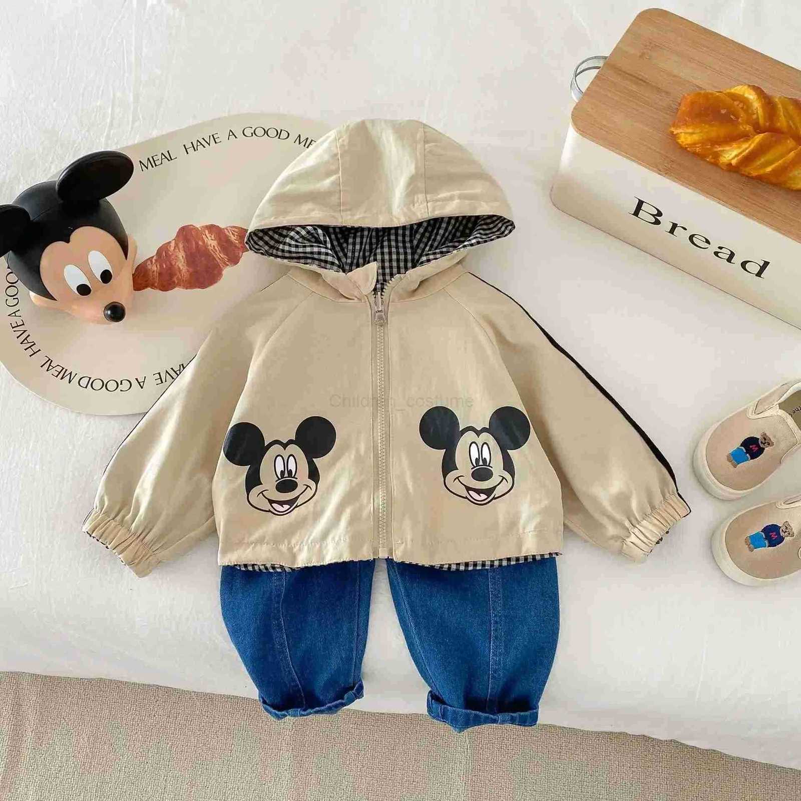 Disney Baby Girl Boy Mickey Mouse Double Sided Jacket 2025Spring Autumn Toddler Kid Cartoon Hooded Plaid Coat Children Casual Outerwear H250929