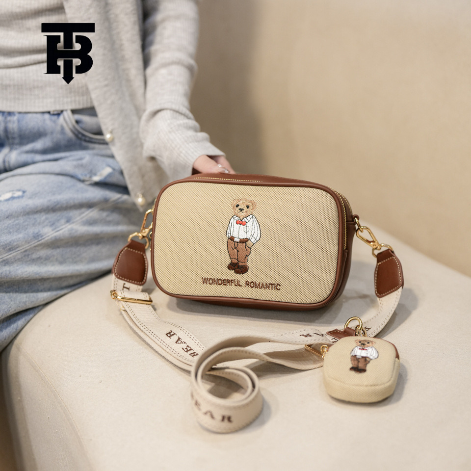 TB BHULAMTE Designer Bag Beibao Authentic Canvas Embroidered Letter Cartoon Squatting Bear Canvas Color-block Square Camera Bag For Women Luxury Bag 2