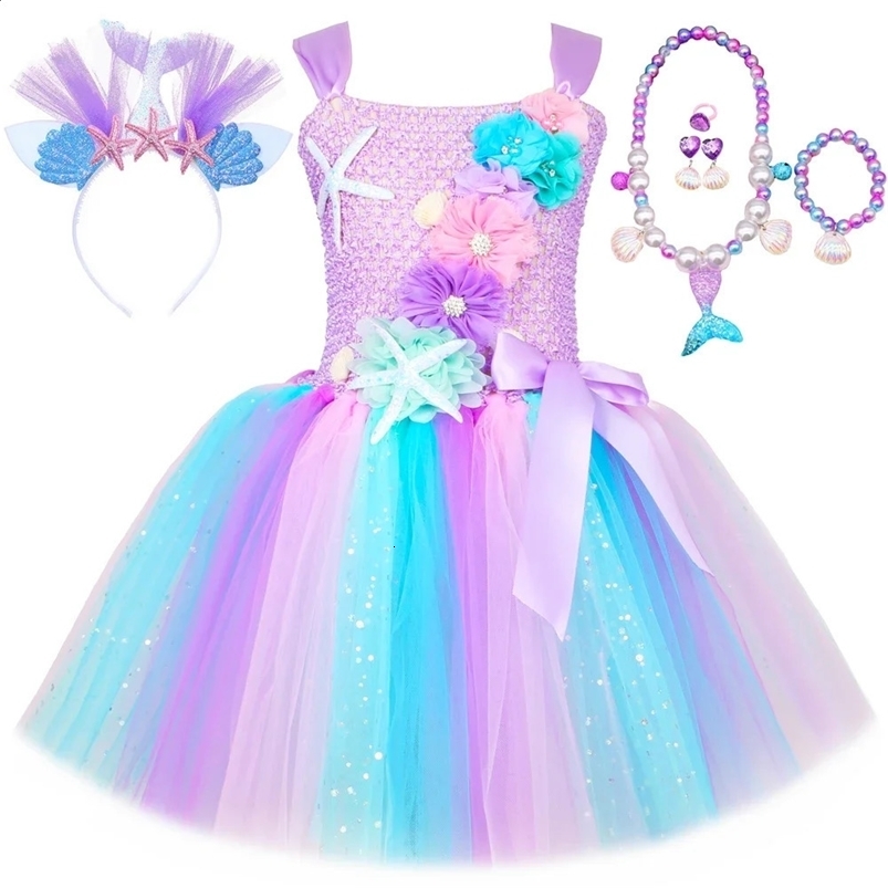 Princess Mermaid Dress Girl Pink Flower Birthday Party Tutu Dress Halloween Little Mermaid Costume Childrens Clothing 240921