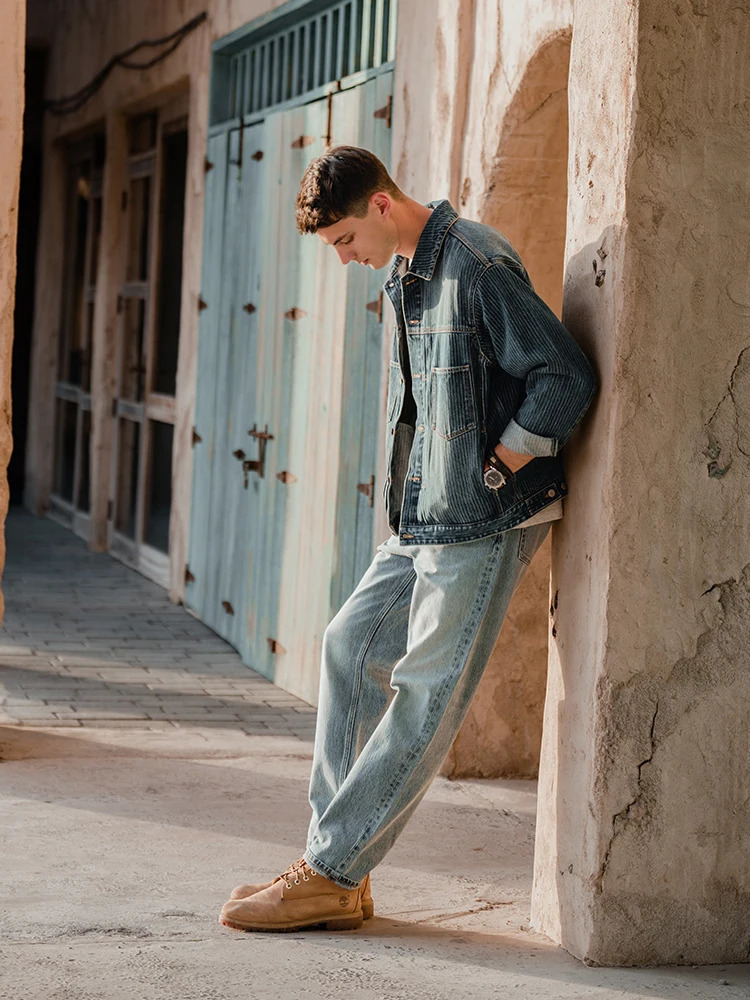 2025 Autumn Oversize Short Length Vertical Striped Denim Jackets Men Chore Coats Cargo 100 Cotton Outwear 250917Z