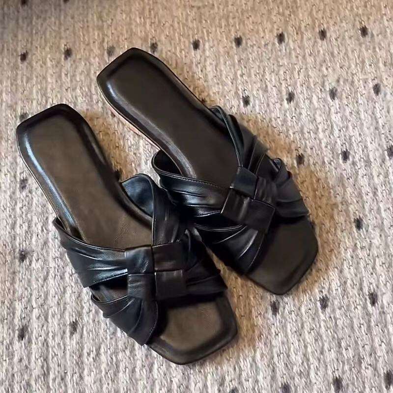 Genuine Leather Korean Style Row Flat Sandals for Women Outdoor 2025 New Beach Cross Woven Slippers