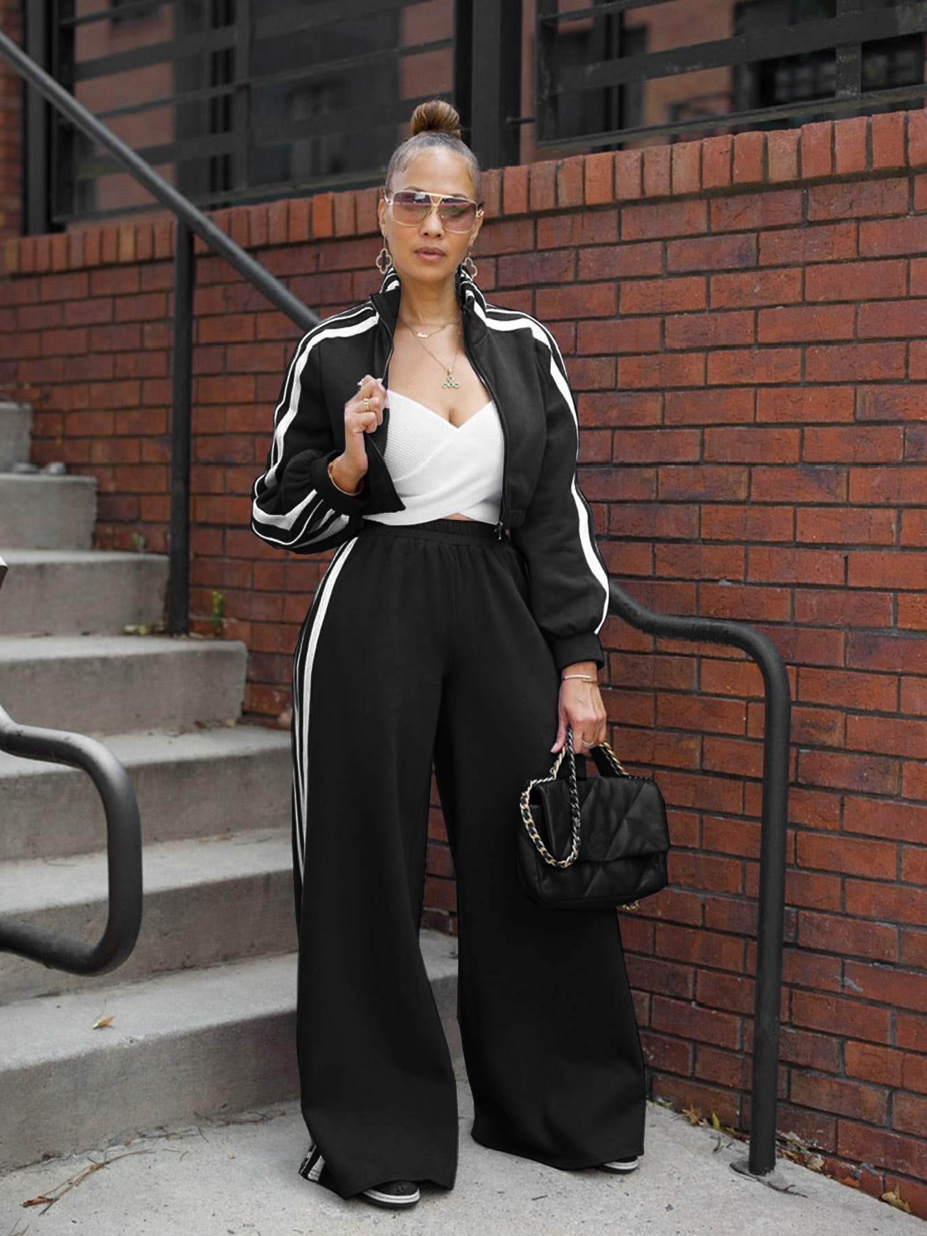 TW562 Autumn Striped Set Zipper Thickened Sweatshirt Casual TwoPiece Set 241219