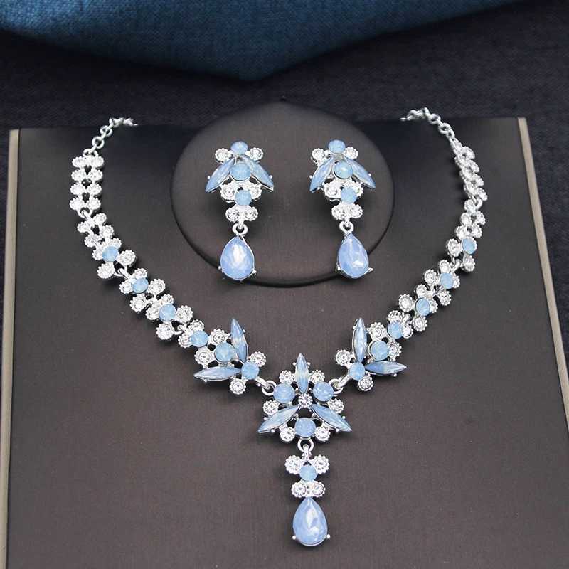 Silver Color Opal Blue Wedding Crown Jewelry sets for Women Tiaras and Earrings neckle set Princess Girls Prom Gifts cessory L250928E4L2