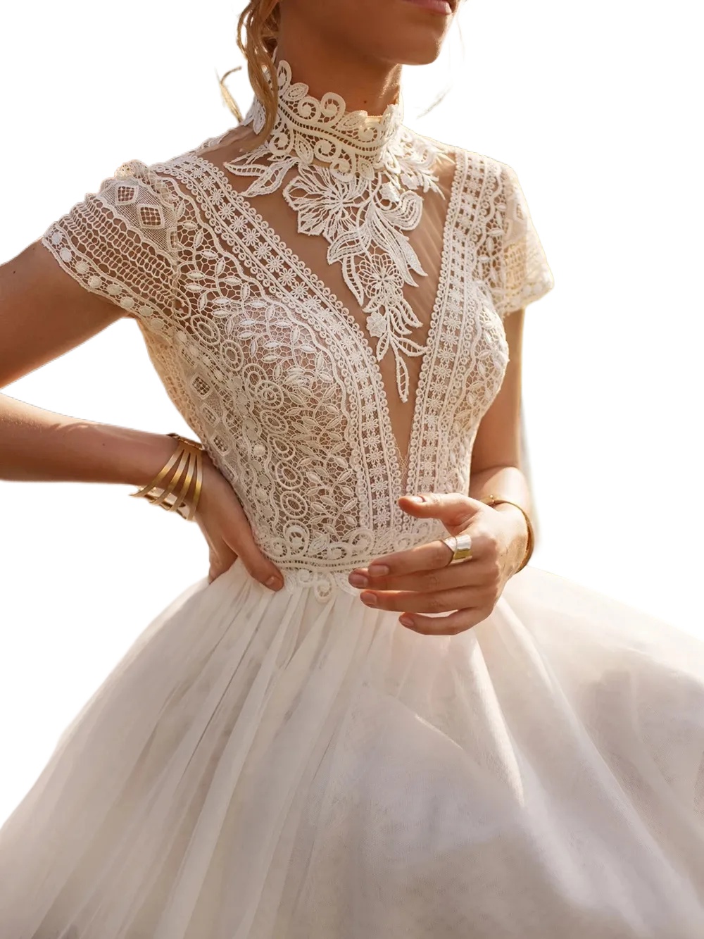 Vintage Boho Wedding Dress Lace High Neck A Line Tulle Princess Hollow Bare Back Short Sleeves Bridal Gowns Robe De Mariee 9P29