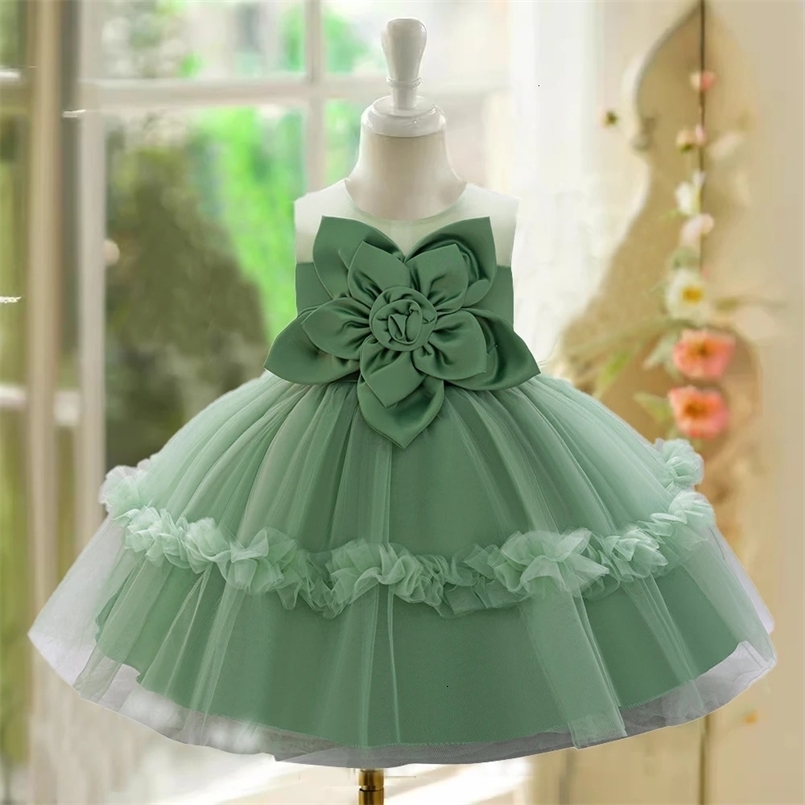 Baby Girls Summer Floral Green Tutu Dresses Kids Big Flower Wedding Party Dress Girl Fancy Birthday Baptism Clothes Princes Gown 250102