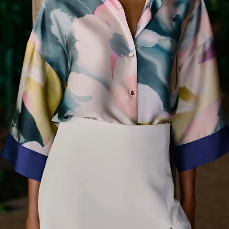 European and American style spring fashion womens clothing printed silk satin texture lapel casual longsleeved shirt 250617