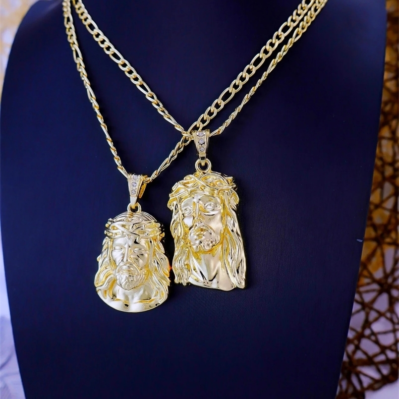 2 size hiphop punk style God Jesus Head y goldplated pendant necklace Figaro chain mens jewelry 250317