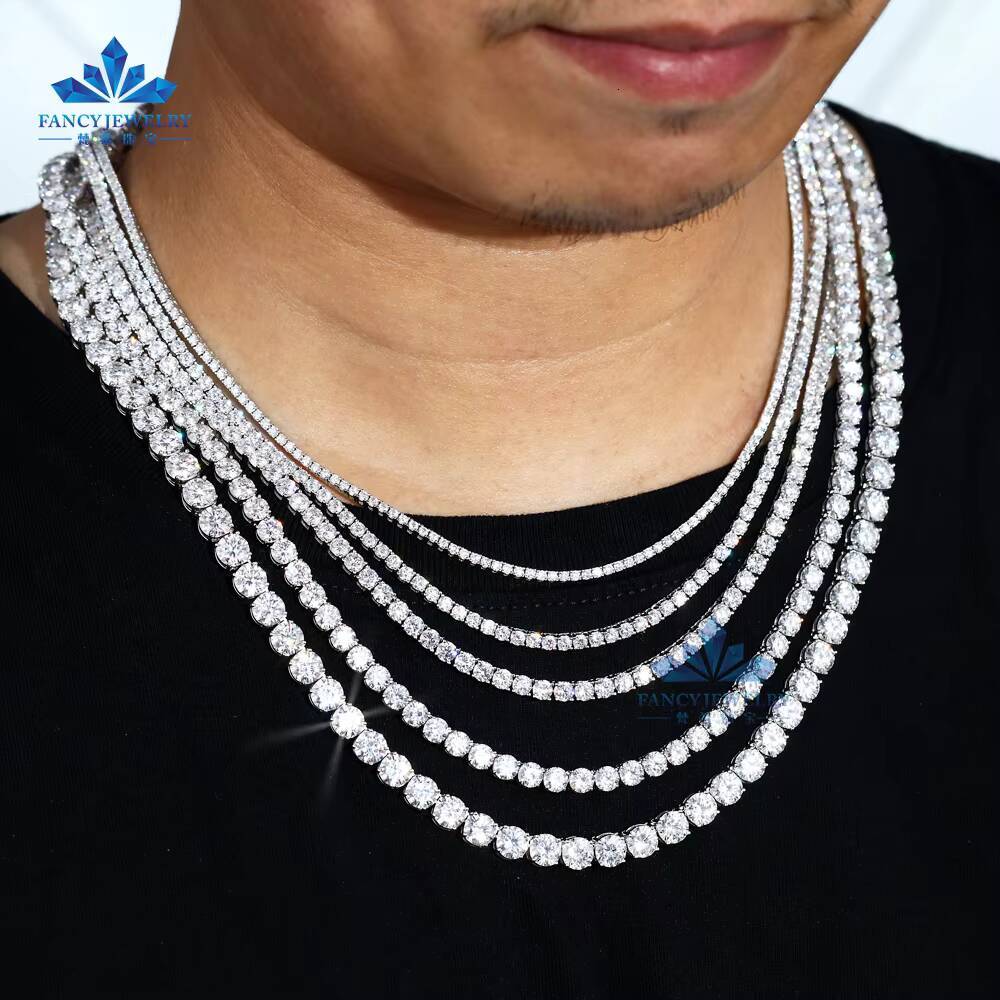 Hip Hop Iced White VVS 925 Sterling Silver Tennis Chain Necklace for Women 2MM65MM Moissanite Diamond 3MM5MM Sizes Available