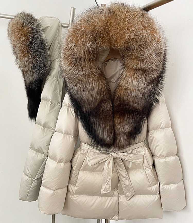Designer's new winter goose down jacket with oversized real fox fur, thick fur collar, medium to long warm waist down puffer jacket doudoune femm