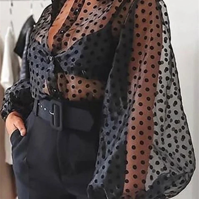 Women Black Tulle Blouses Polka Dots Print Button Down Long Lantern Sleeve Shirt Tops Elegant Classy Plus Size Trendy Club Wear 240617