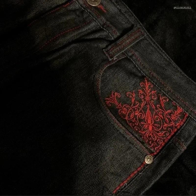 Men's Jeans American Retro Y2K High Waist Street Couple Casual Pants Gothic Embroidered Men Black Red Pattern Baggy - view 5