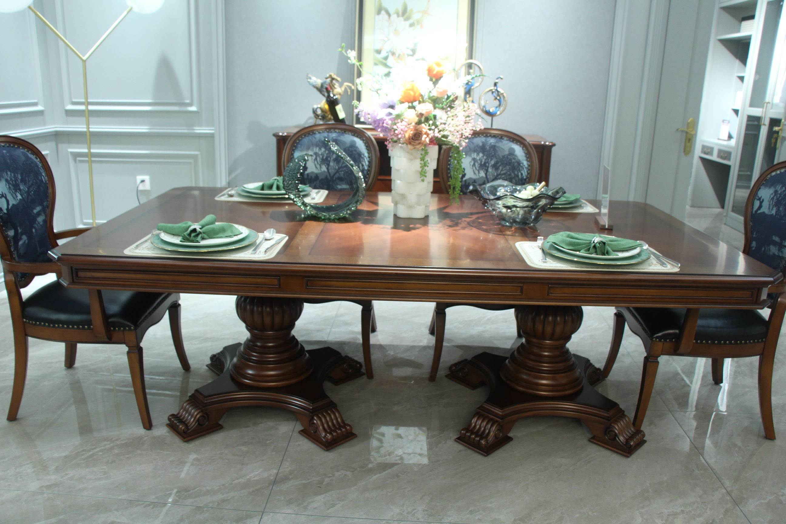 Zhongzhixin Designer Solid Wood Dining Table Luxury Leather Dining Chairs, American Style, Rectangular Table for Dining Room, Dark Brown