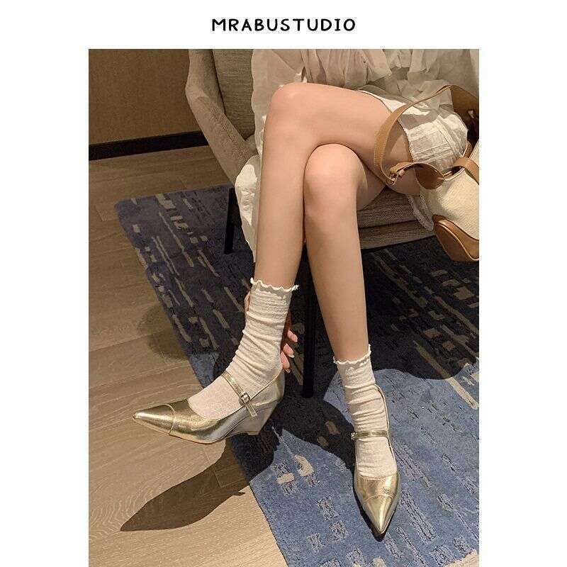 Pointed Toe Wedge One Strap Mary Jane Autumn Winter New Full Leather Solid Color High heel Shallow Mouth Designer Shoe Single Shoes for Women