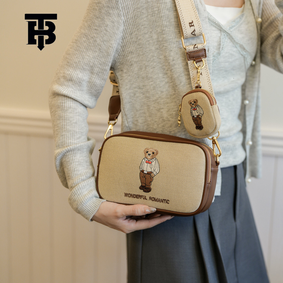 TB BHULAMTE Designer Bag Beibao Authentic Canvas Embroidered Letter Cartoon Squatting Bear Canvas Color-block Square Camera Bag For Women Luxury Bag 2