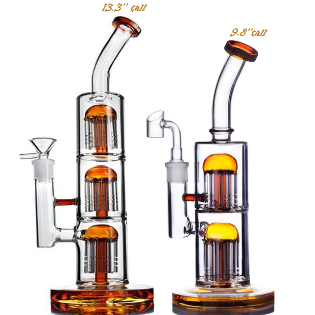 Amber Glass Bong Water Pipes hookahs Double Chamber Recycler Oil Water Bongs Three Arm Tree Perc With 14mm Joint 13''