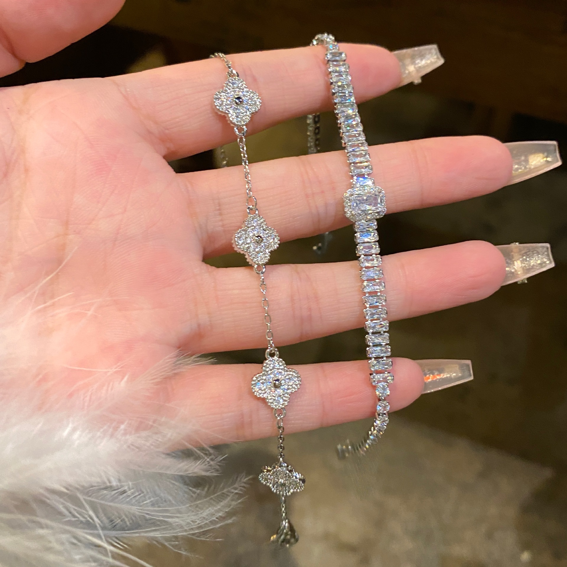 Silver - Toned Bracelet With Crystal - Encrusted Flower Charms Delicate Daily & Elegant Jewelry Gift For Her Romantic And Stylish Accessory