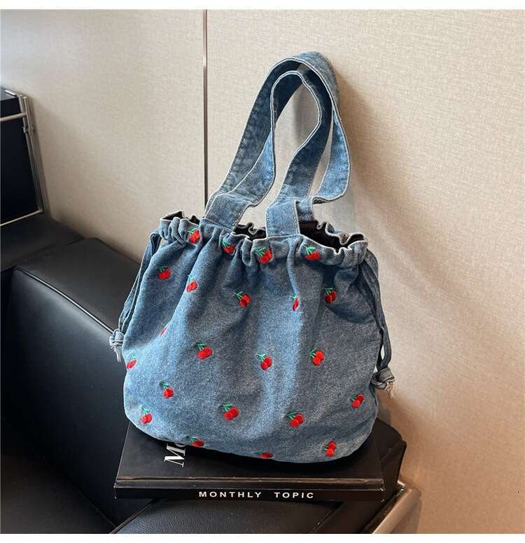 Bucket Embroidered Handbag Denim Niche Design Fashion Designer Bags Large Capacity Shoulder Underarm Commuter Women's Bag