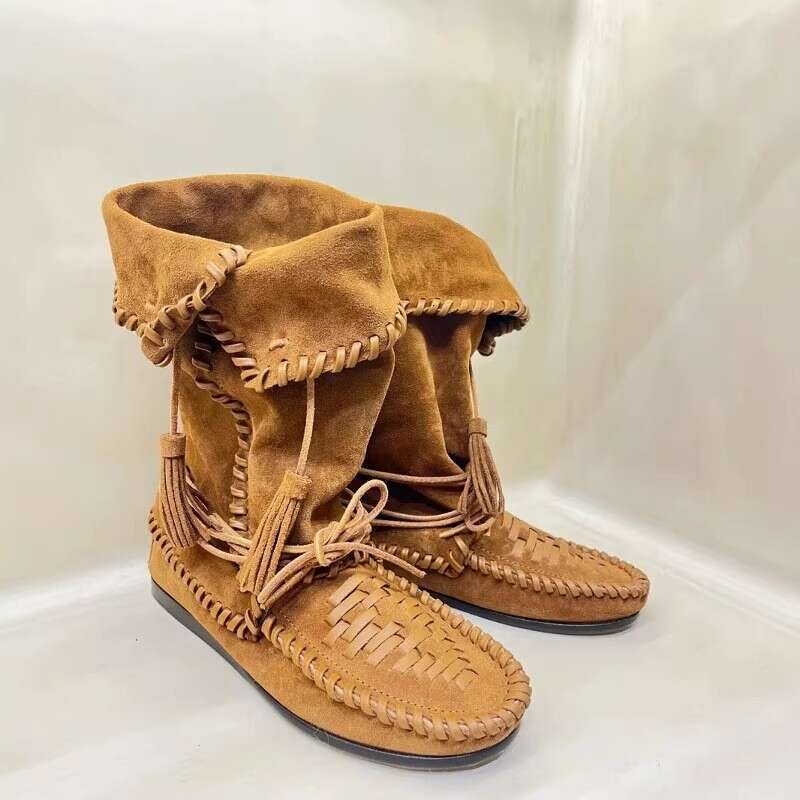High-End 2025 Autumn Winter New Martin Round Toe Tassel Flat Lace-Up High Tube Riding Long Boots Versatile
