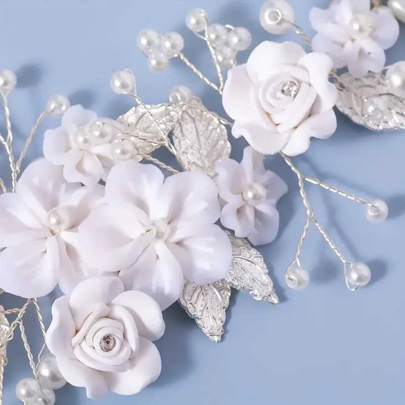 1 piece of white soft pottery flower bridal hair cessory gold silver alloy leaf bridal handmade headpiece L2509288WLF