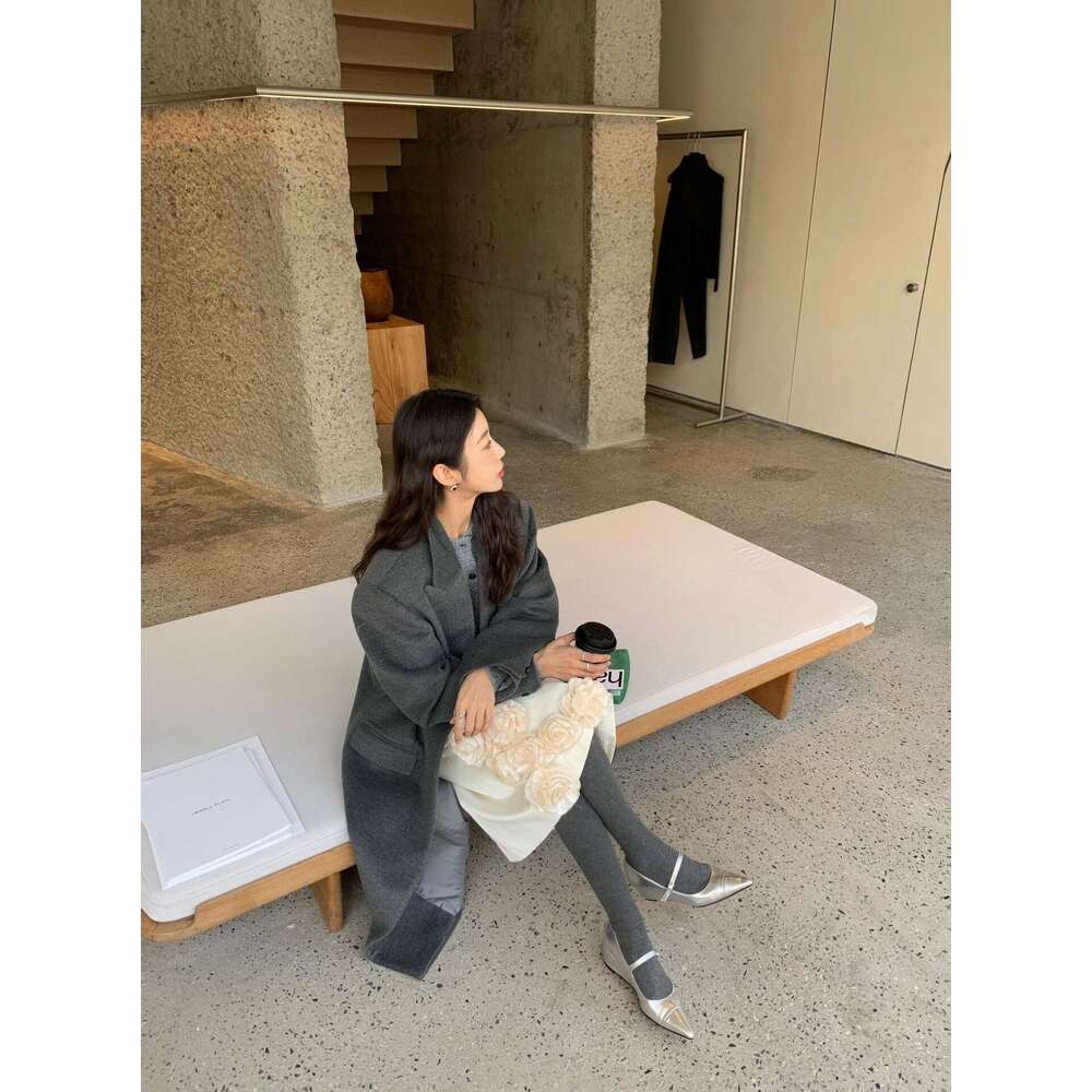 Genuine Leather French Niche Design One-Strap Buckle Pointed Toe Wedge Block heel Mary Jane Shoes for Women