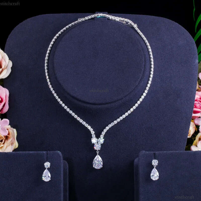 Choucong Original Wedding Jewelry Sets White Gold Fill Water Drop 5A Cubic Zircon CZ Dia Party Women Stud Earrings Bridal Tennis Necklace Gift