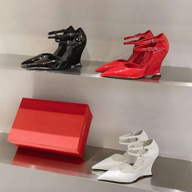 2025 New Red Patent Leather Sexy Wedge Pointed High Designer Shoe heels Shallow Mouth Single Shoes One Strap French Style Women's Sandals