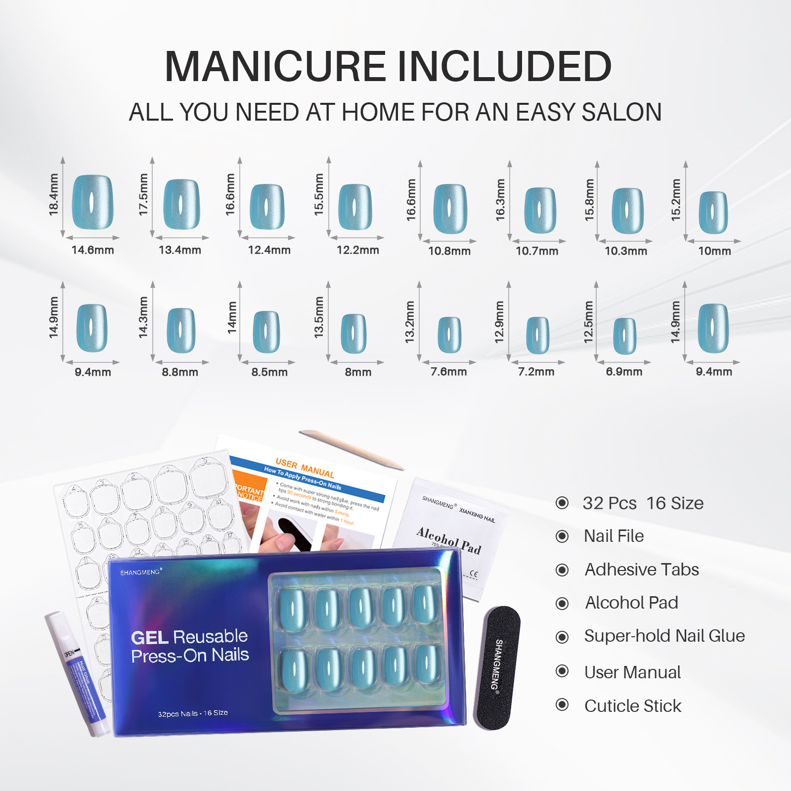 short baby blue presson nails soft gel cats eye square shape ideal as a gift for women the glossy gel nails come in 16 sizes a set of 32 reusable fake