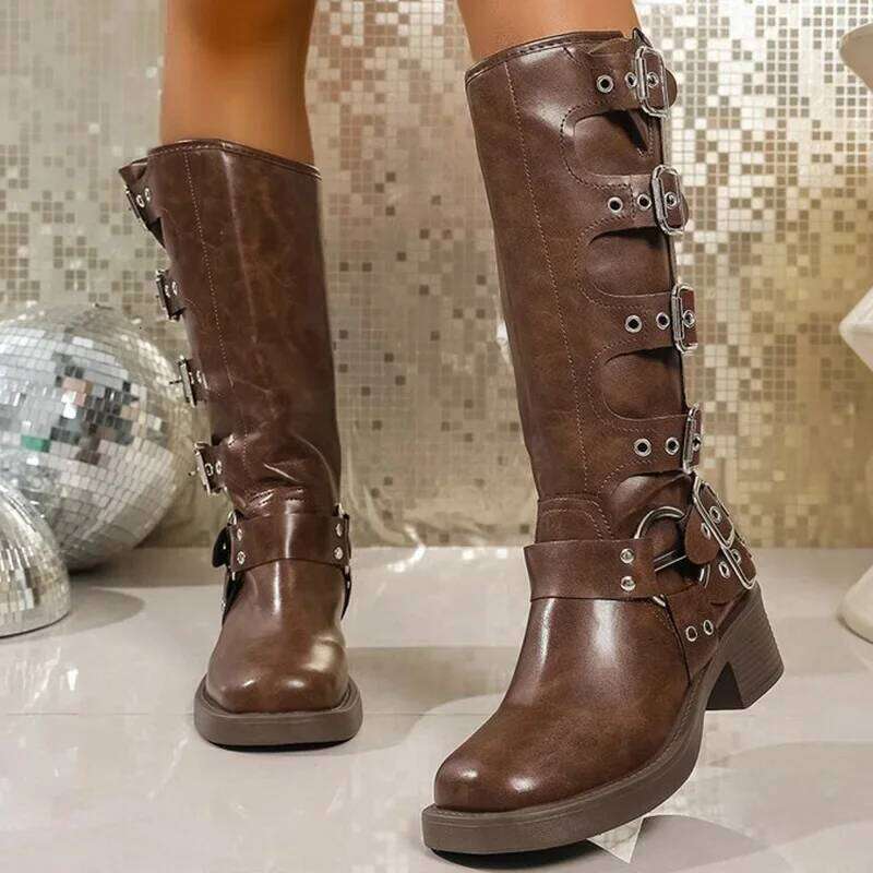 Fashion Buckle Strap Midi-Calf for Women Autumn Winter Brown Rivet Wedges Boots Woman Plus Size Pu Leather Botas Mujer