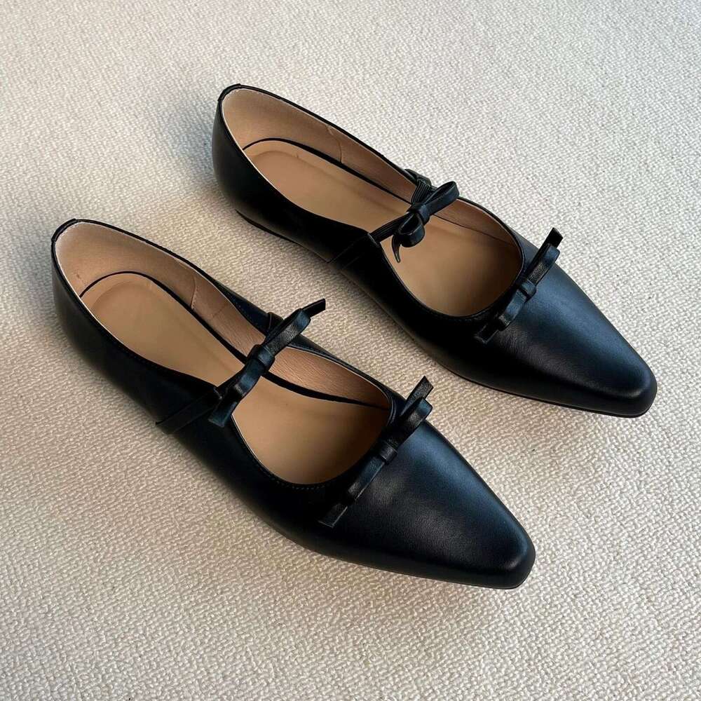Genuine French Pointed Toe Shallow Mouth Bowknot Flat for Women 2025 Spring New Versatile Mary Jane Small Leather Shoes