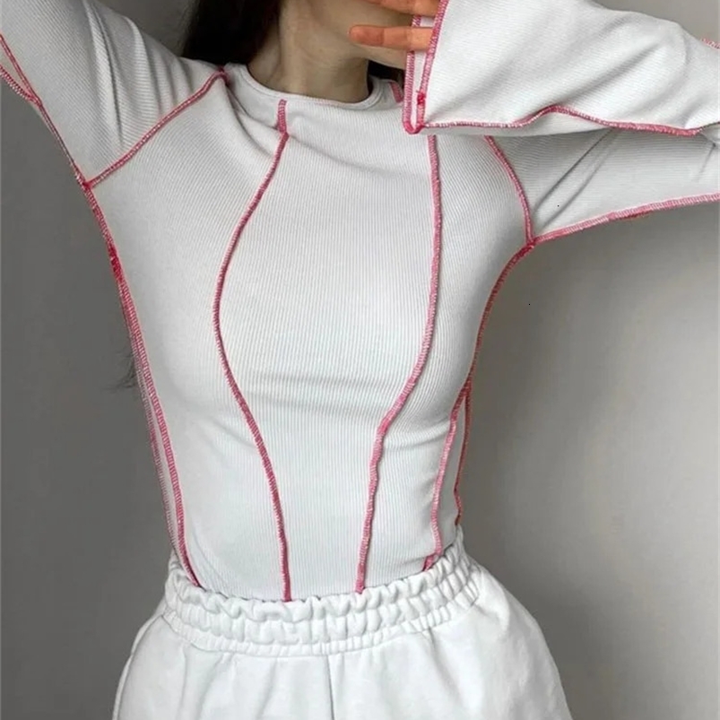 Womens Patchwork T-Shirts Chic Casual Long Flare Sleeve Round Neck Knitted Ribbed Tees Shirts Spring Autumn Street Top 250213