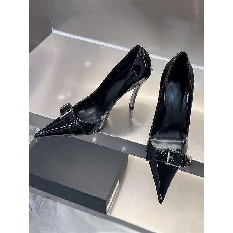 Black Patent Leather High heels for Designer Shoe Women 2025 Early Autumn New Metal Buckle Pointed Toe Stiletto heelegant Single Shoes